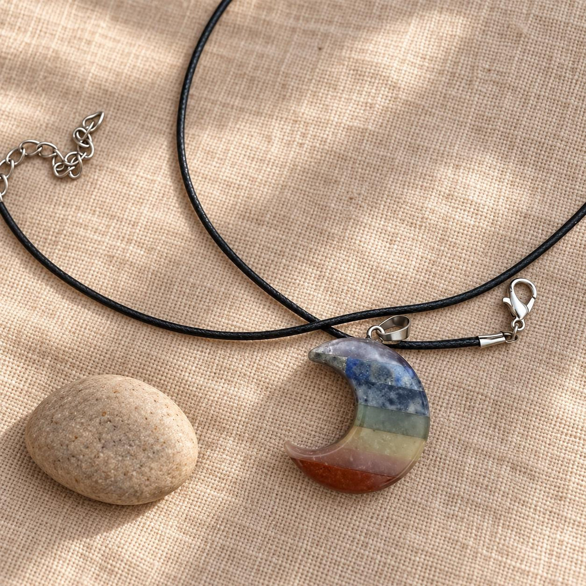 Crescent moon seven chakra crystal pendant necklace, meaningful spiritual gift