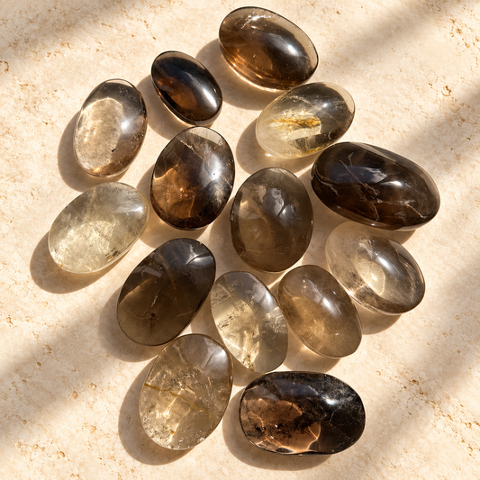 Polished smoky quartz palm stones showing light smoky and deep brown colours with natural inclusions