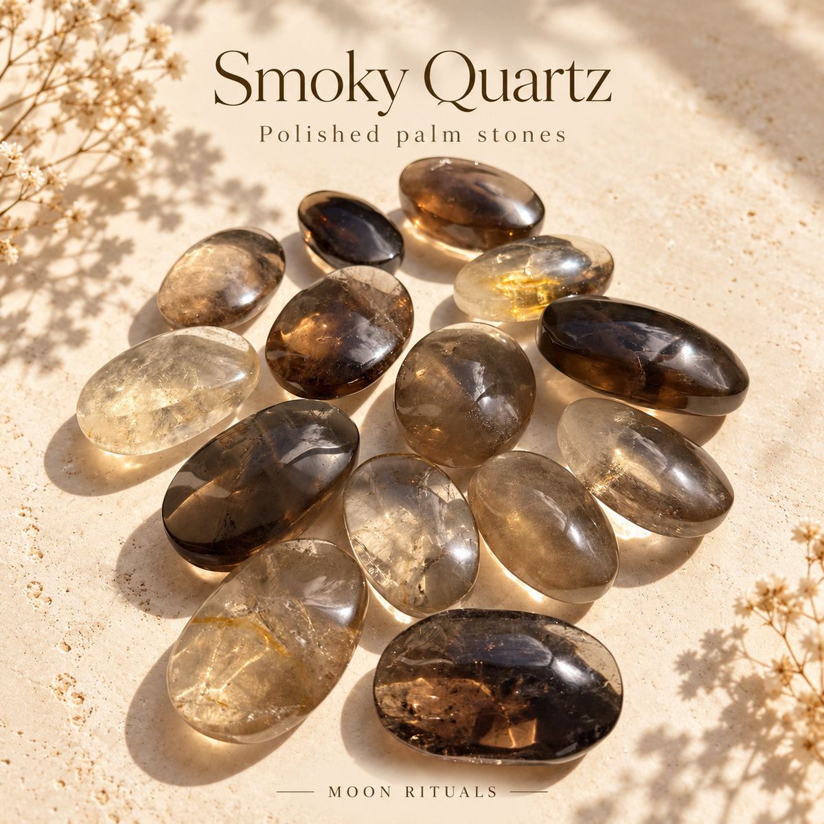 Smoky quartz palm stone collection with polished oval shapes and varied smoky brown tones