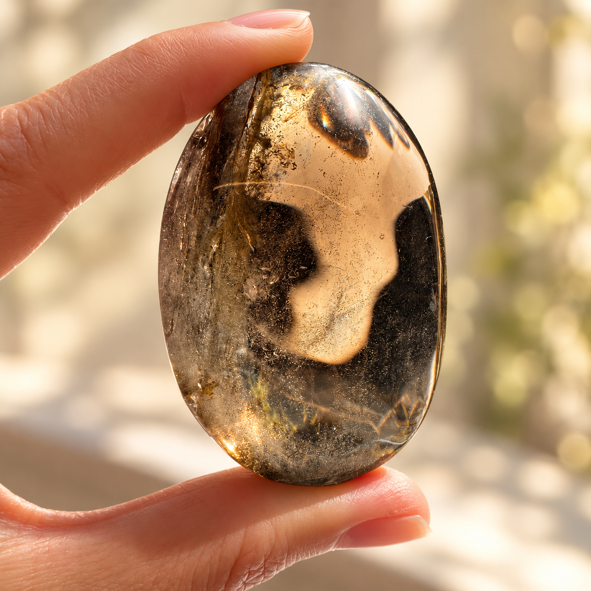 Hand-held smoky quartz palm stone showing translucent areas and natural internal inclusions