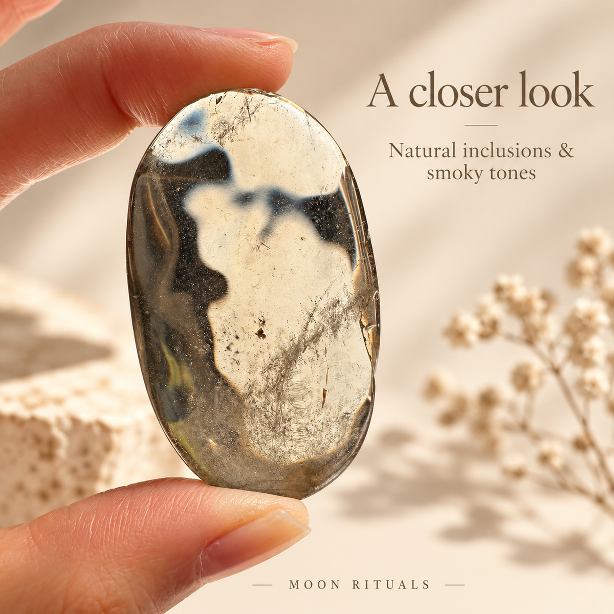 Close-up of polished smoky quartz with cloudy veils and smoky tones