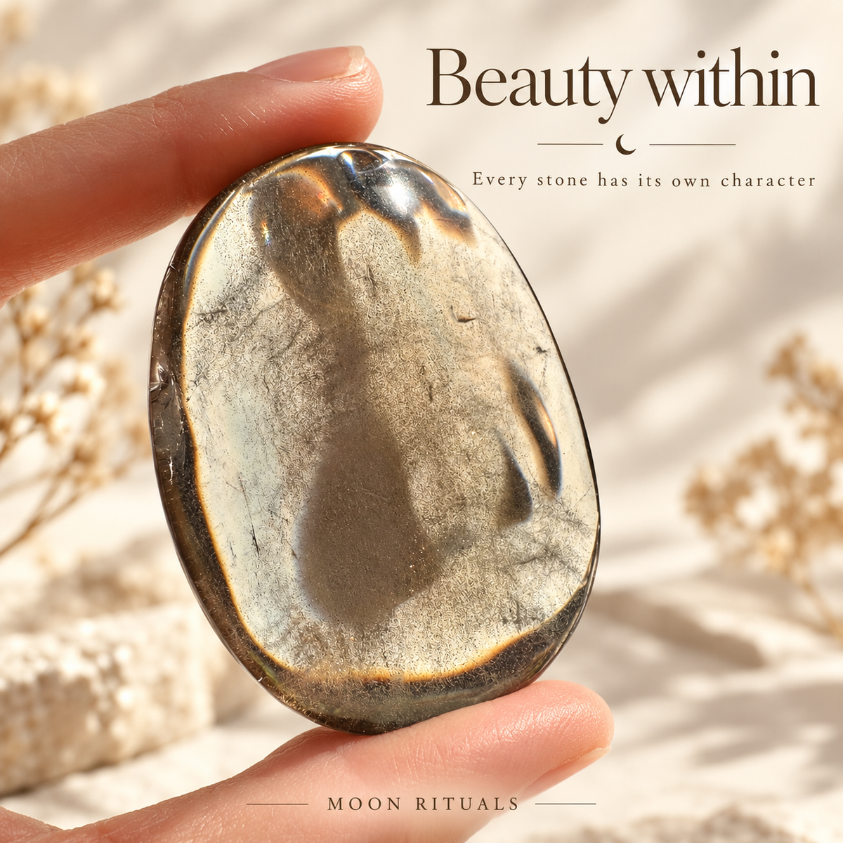 Smoky quartz palm stone close-up showing natural character and internal texture
