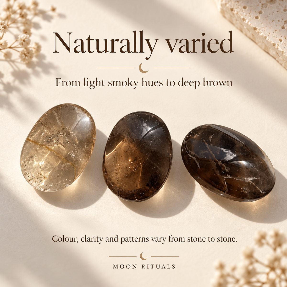 Light, medium and deep smoky quartz palm stones illustrating colour variation