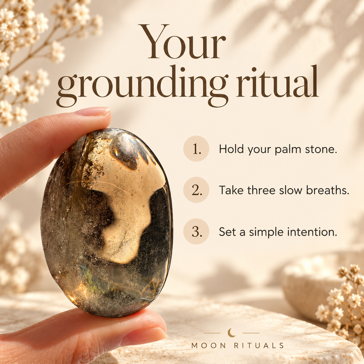 Three simple steps for a personal grounding ritual with a smoky quartz palm stone