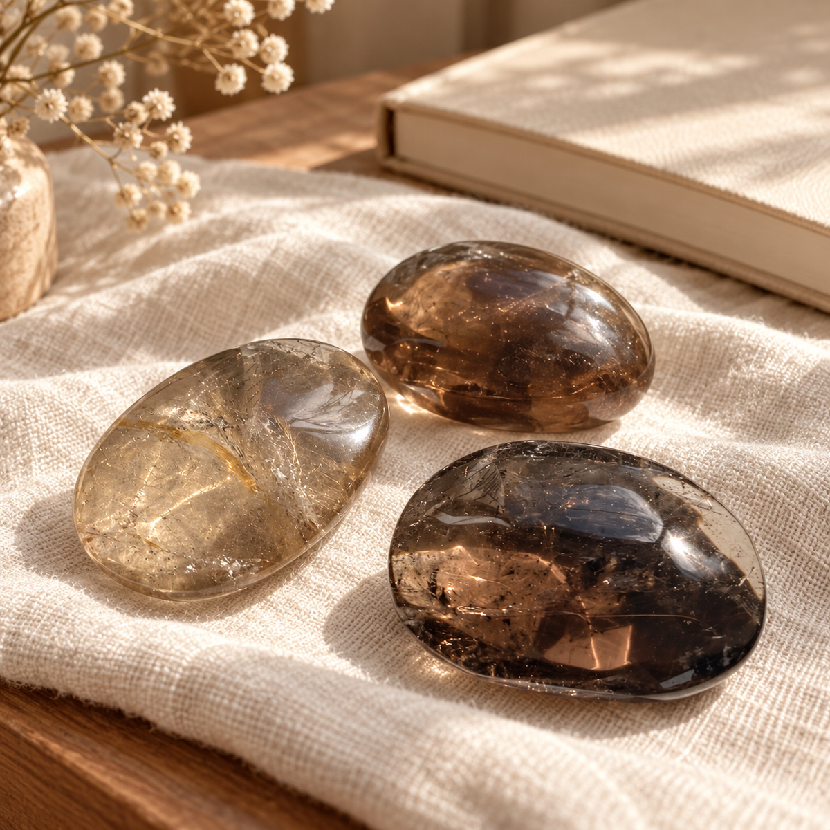 Three polished smoky quartz palm stones styled on neutral linen beside a journal