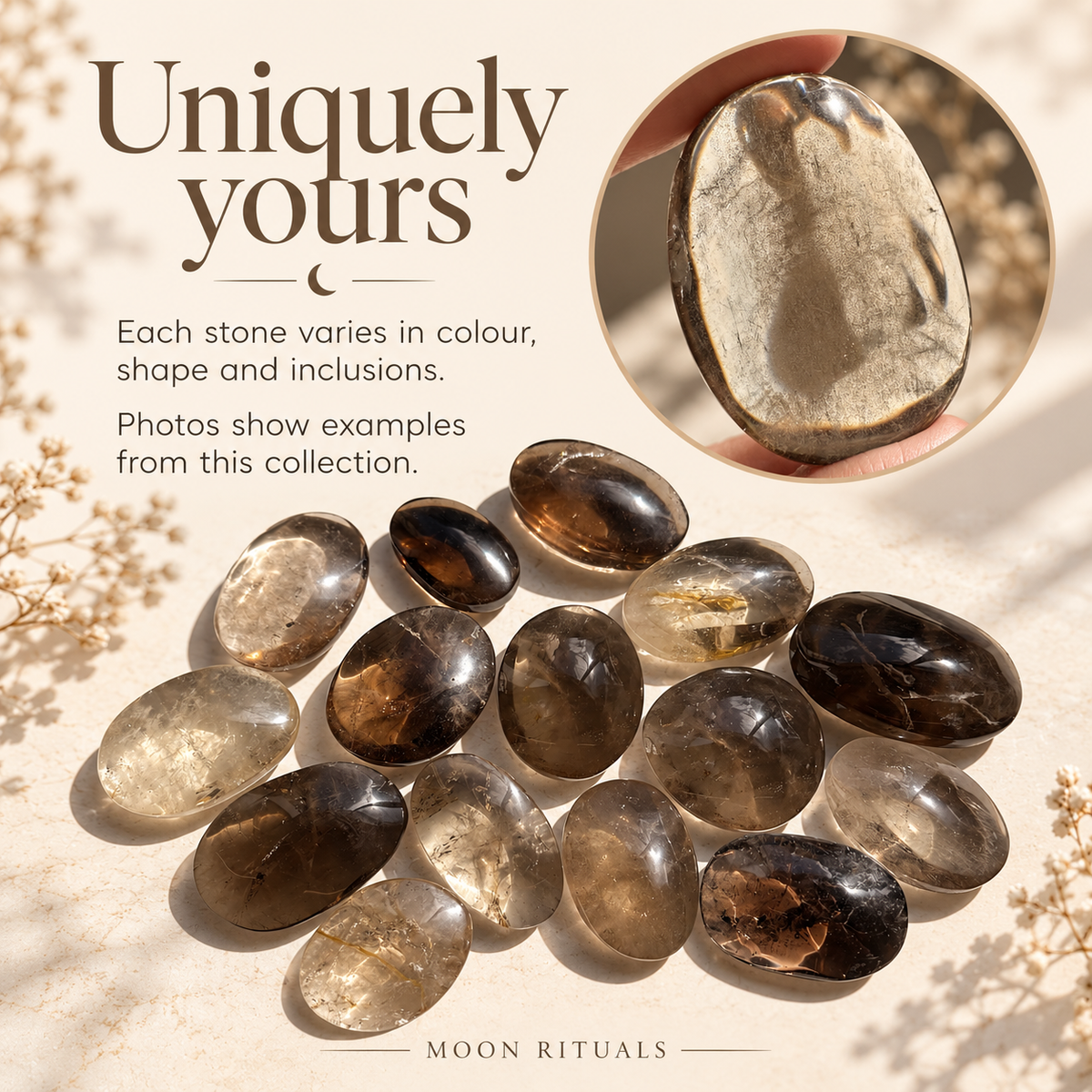 Smoky quartz collection examples with individual variation in colour, shape and inclusions