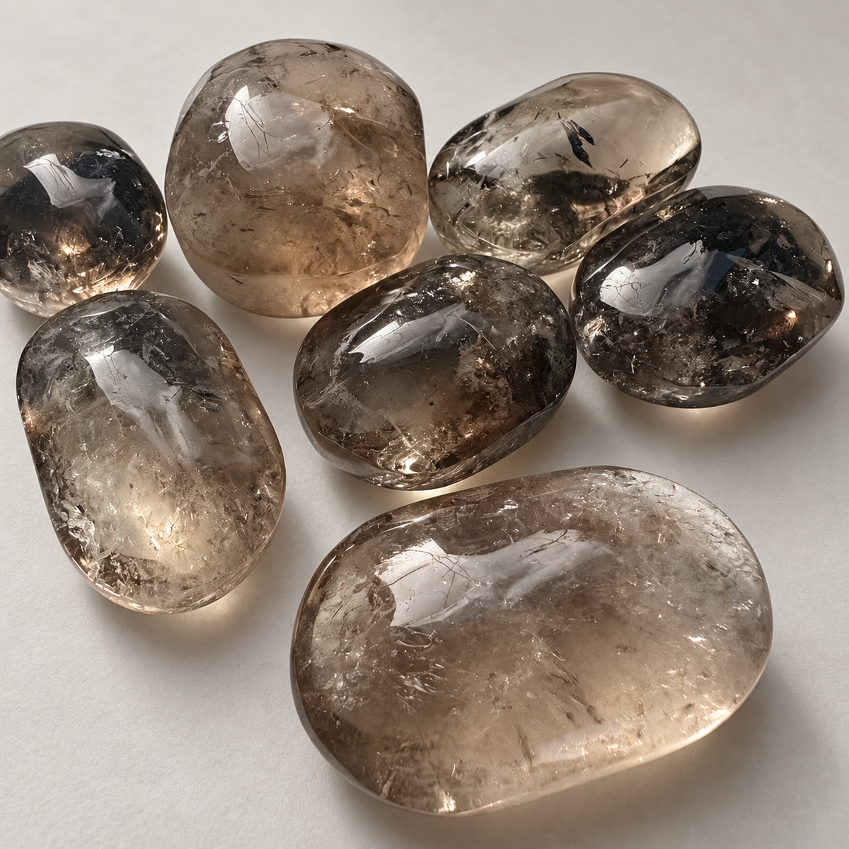 Natural smoky quartz palm stone assortment showing individual colour and inclusion variation