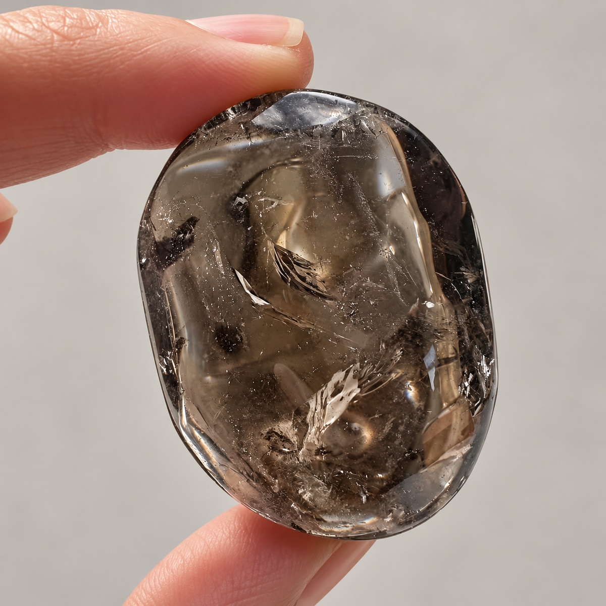 Close-up of polished smoky quartz palm stone showing natural inclusions and fractures