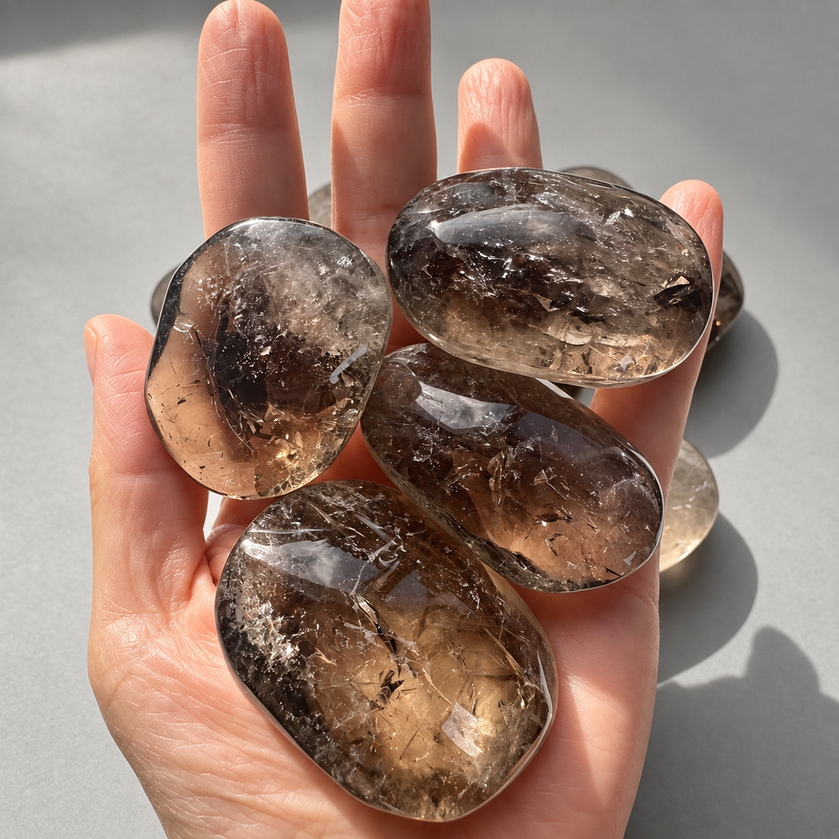 Group of translucent smoky quartz worry stones with tea-brown tones in natural light