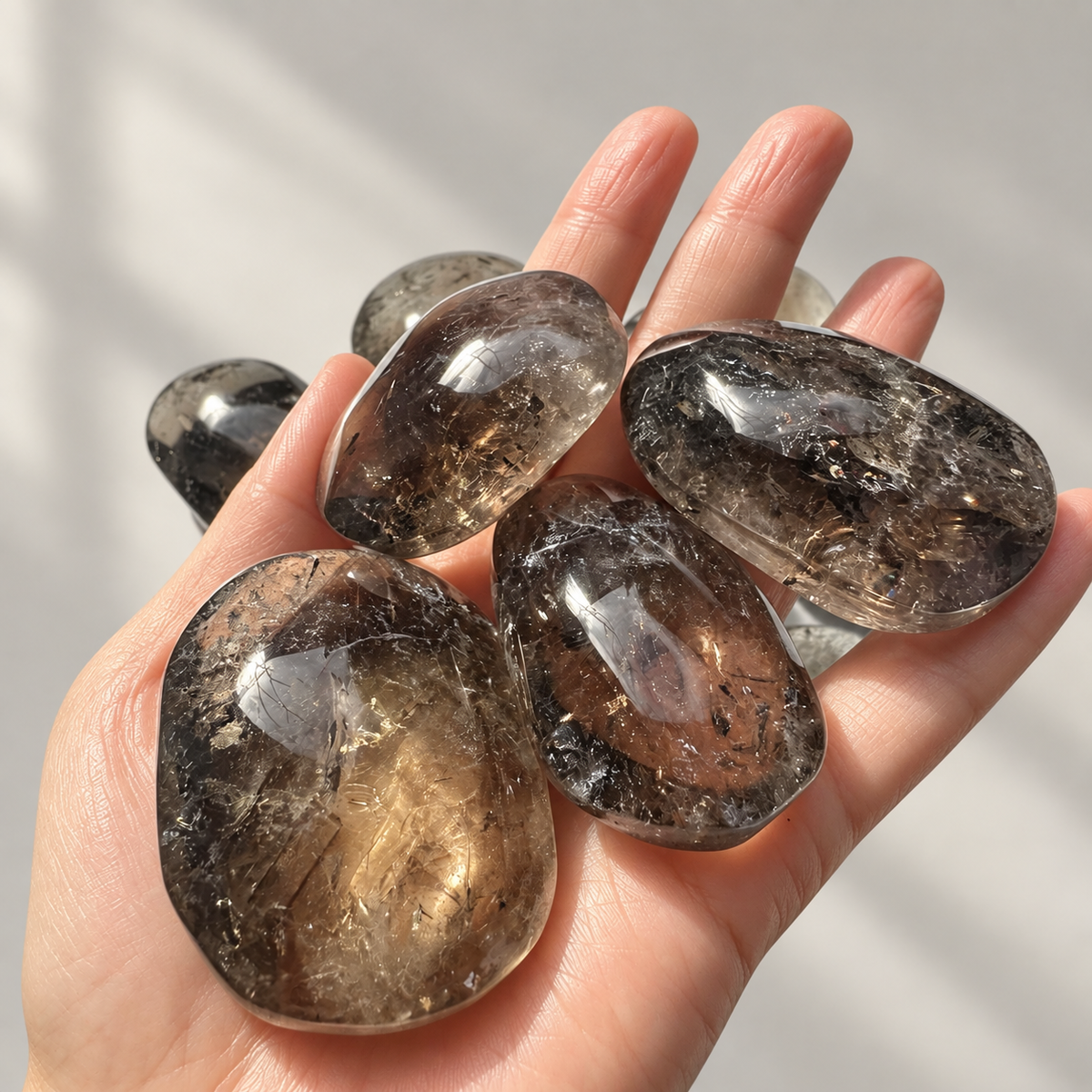 Assorted natural smoky quartz palm stones held in hand for size and colour comparison