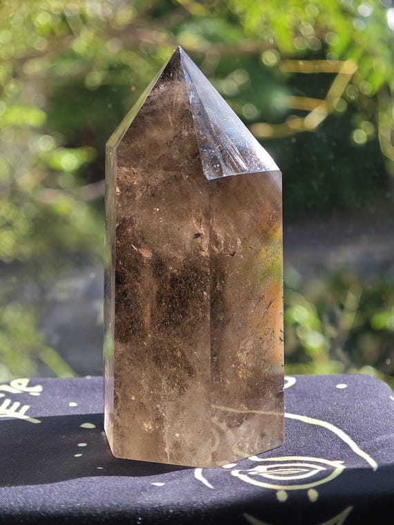 Polished Smoky Quartz tower #1 – internal veils and mineral patterns