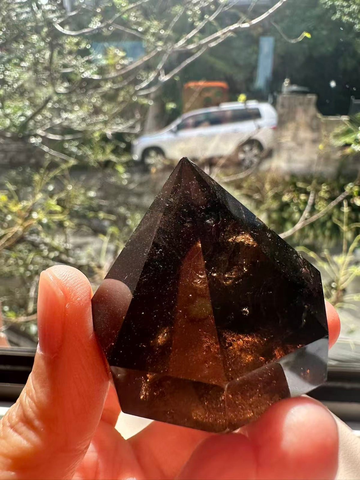 Natural Deep Smoky Quartz Diamond #3, dark polished geometric crystal specimen for minimalist decor and EMF protection, high-quality grounding stone by Moon Rituals.