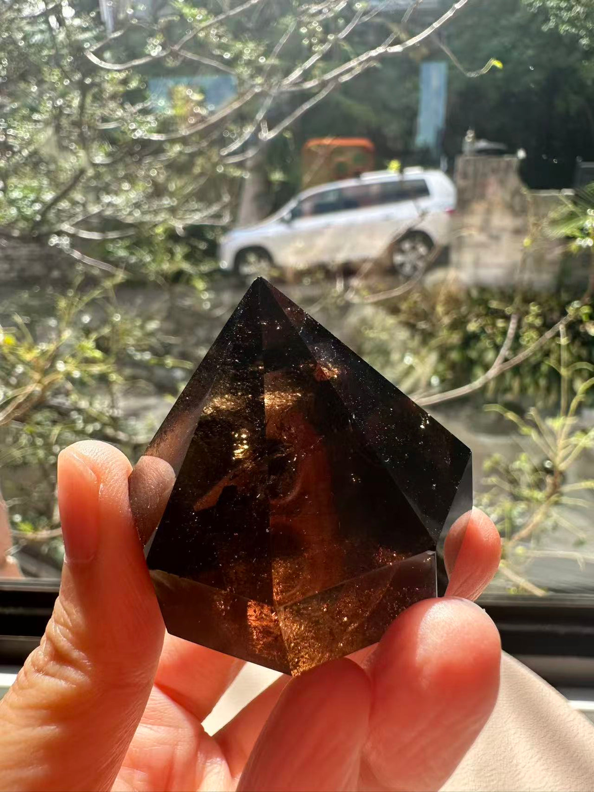 Natural Deep Smoky Quartz Diamond #3, dark polished geometric crystal specimen for minimalist decor and EMF protection, high-quality grounding stone by Moon Rituals.