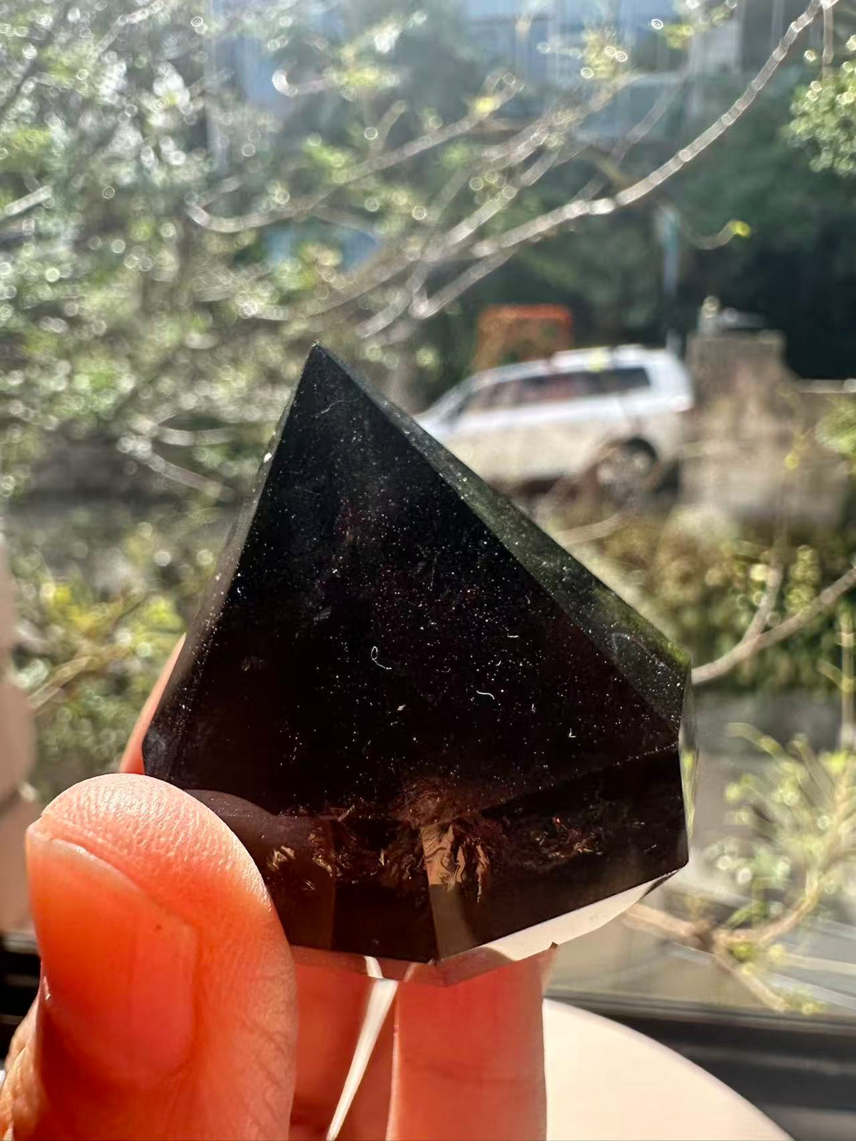 Natural Deep Smoky Quartz Diamond #3, dark polished geometric crystal specimen for minimalist decor and EMF protection, high-quality grounding stone by Moon Rituals.