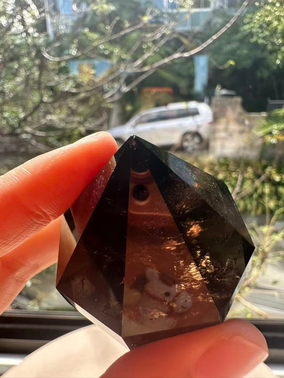 Natural Deep Smoky Quartz Diamond #3, dark polished geometric crystal specimen for minimalist decor and EMF protection, high-quality grounding stone by Moon Rituals.
