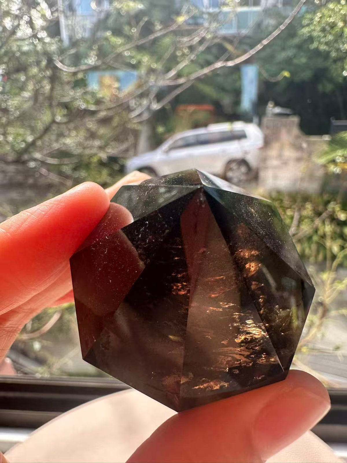 Natural Deep Smoky Quartz Diamond #3, dark polished geometric crystal specimen for minimalist decor and EMF protection, high-quality grounding stone by Moon Rituals.