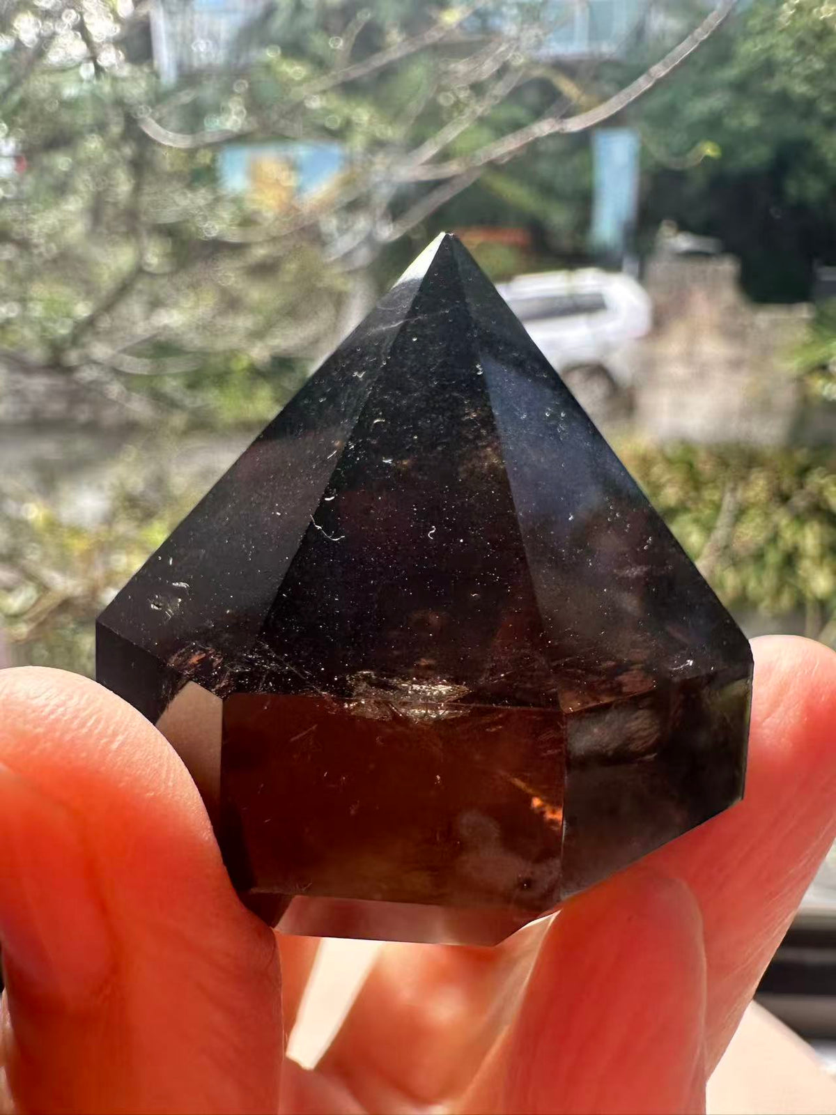 Natural Deep Smoky Quartz Diamond #3, dark polished geometric crystal specimen for minimalist decor and EMF protection, high-quality grounding stone by Moon Rituals.