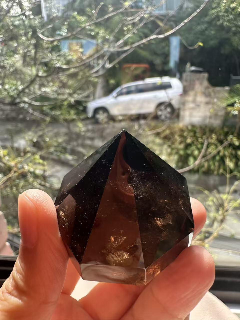 Natural Deep Smoky Quartz Diamond #3, dark polished geometric crystal specimen for minimalist decor and EMF protection, high-quality grounding stone by Moon Rituals.
