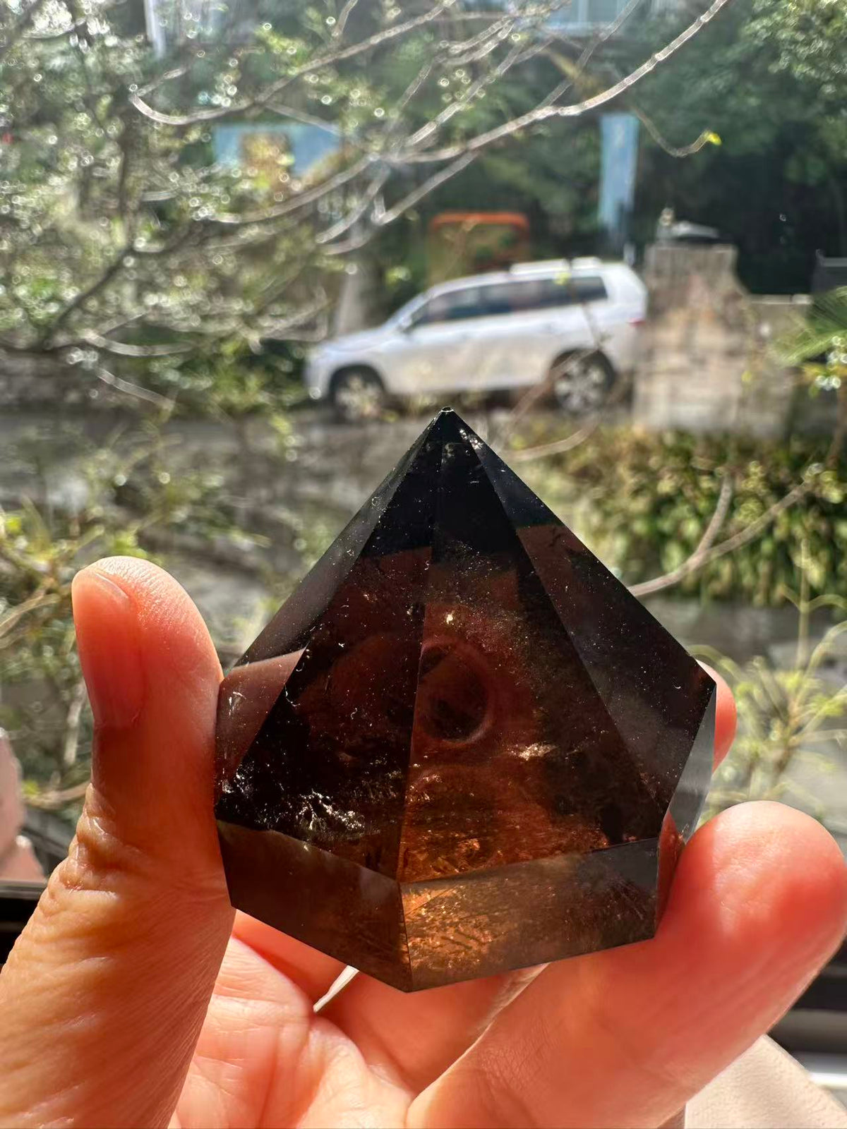 Natural Deep Smoky Quartz Diamond #3, dark polished geometric crystal specimen for minimalist decor and EMF protection, high-quality grounding stone by Moon Rituals.