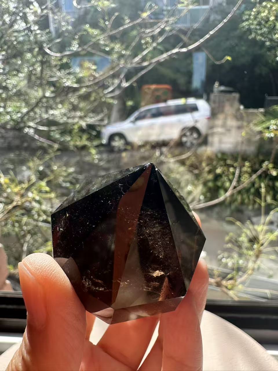 Natural Deep Smoky Quartz Diamond #3, dark polished geometric crystal specimen for minimalist decor and EMF protection, high-quality grounding stone by Moon Rituals.