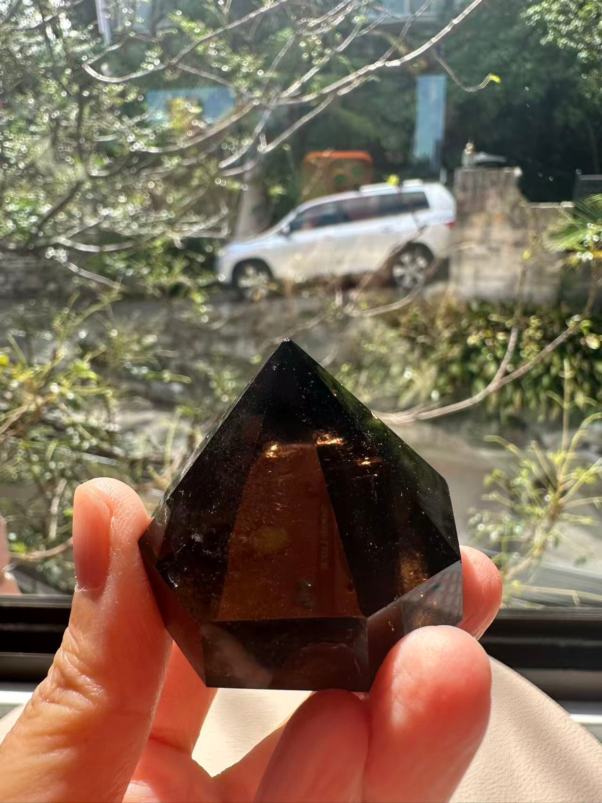 Natural Deep Smoky Quartz Diamond #3, dark polished geometric crystal specimen for minimalist decor and EMF protection, high-quality grounding stone by Moon Rituals.