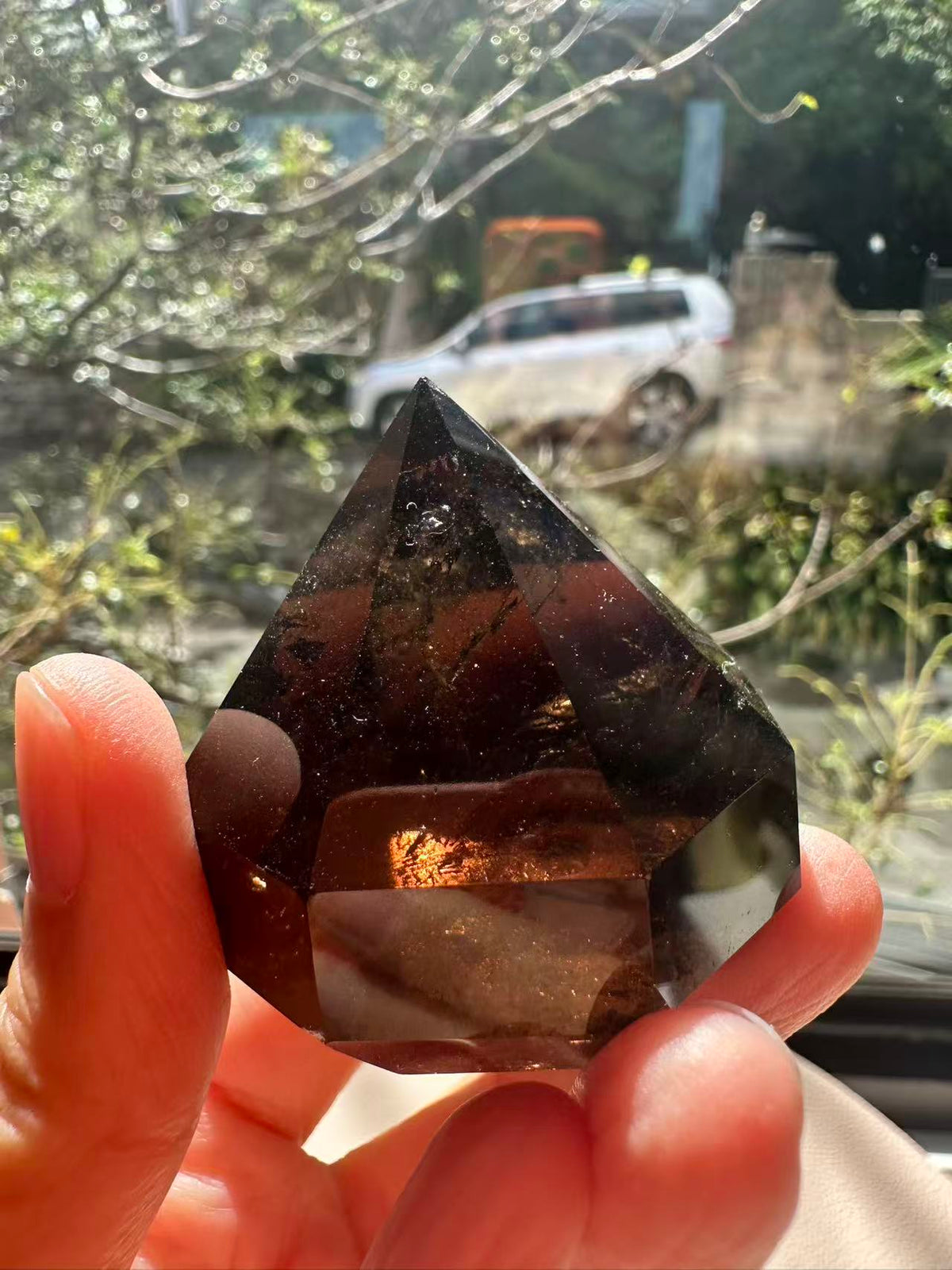 Natural Deep Smoky Quartz Diamond #3, dark polished geometric crystal specimen for minimalist decor and EMF protection, high-quality grounding stone by Moon Rituals.
