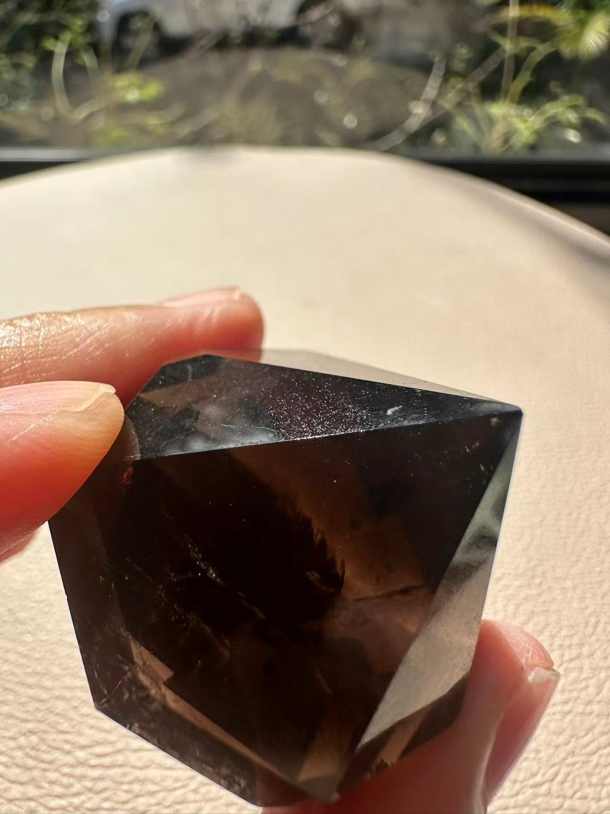 Natural Deep Smoky Quartz Diamond #8, dark polished geometric crystal specimen for minimalist decor and EMF protection, high-quality grounding stone by Moon Rituals.