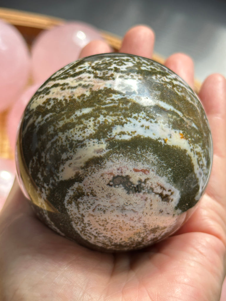 Ocean Jasper Sphere - Promote Inner Peace, Emotional Healing, and Joy with Natural Healing Crystal for Home Decor and Meditation