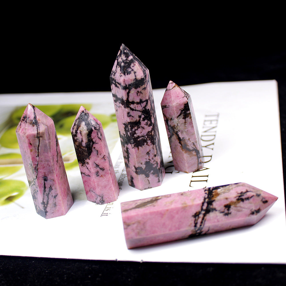 Polished Rhodonite crystal tower alternate view showing pink and black pattern