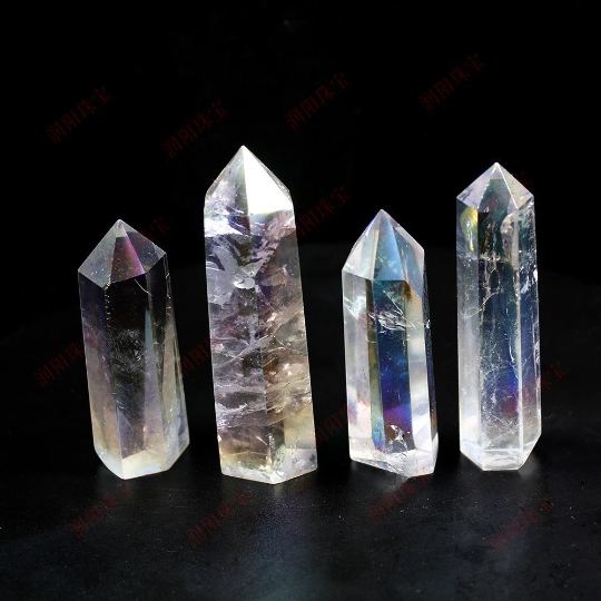 Iridescent Aura Clear Quartz crystal point for colourful crystal display